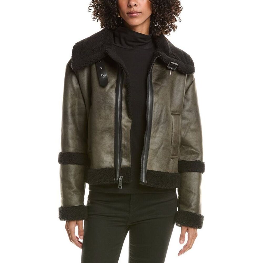 Frye Womens Faux Shearling Aviator Jacket, Green
